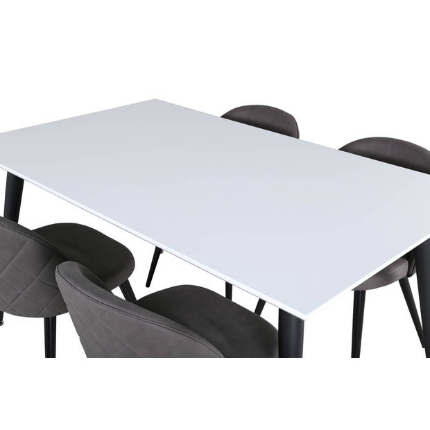 Jimmy150 eethoek eetkamertafel uitschuifbare tafel lengte cm 150 / 240 wit en 4 Velvet Stitches eetkamerstal grijs.