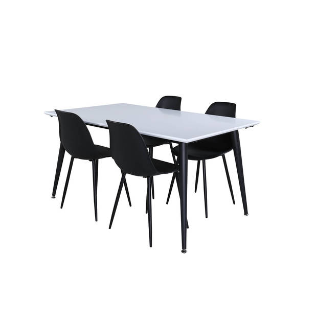 Jimmy150 eethoek eetkamertafel uitschuifbare tafel lengte cm 150 / 240 wit en 4 Polar eetkamerstal zwart.