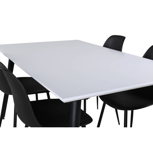 Jimmy150 eethoek eetkamertafel uitschuifbare tafel lengte cm 150 / 240 wit en 4 Polar eetkamerstal zwart.