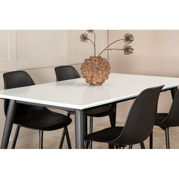 Jimmy150 eethoek eetkamertafel uitschuifbare tafel lengte cm 150 / 240 wit en 4 Polar eetkamerstal zwart.