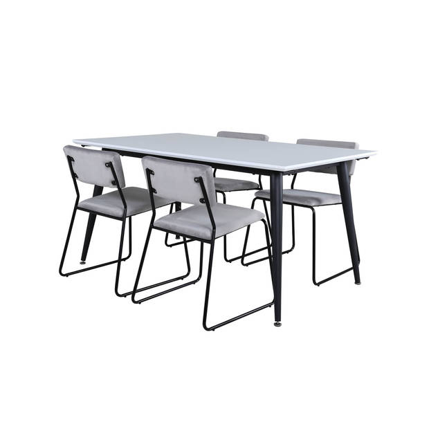 Jimmy150 eethoek eetkamertafel uitschuifbare tafel lengte cm 150 / 240 wit en 4 Kenth eetkamerstal velours grijs.