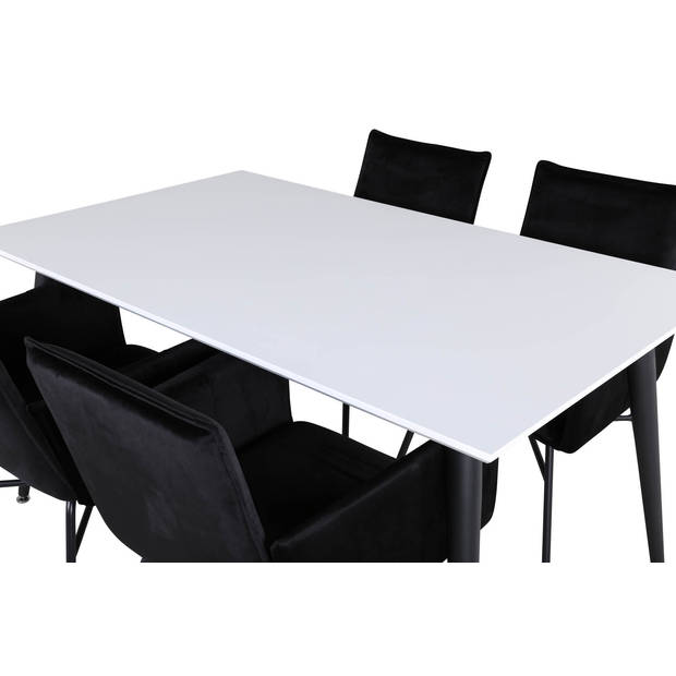 Jimmy150 eethoek eetkamertafel uitschuifbare tafel lengte cm 150 / 240 wit en 4 Pippi eetkamerstal velours zwart.