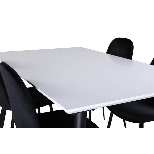 Jimmy150 eethoek eetkamertafel uitschuifbare tafel lengte cm 150 / 240 wit en 4 Polar eetkamerstal velours zwart.