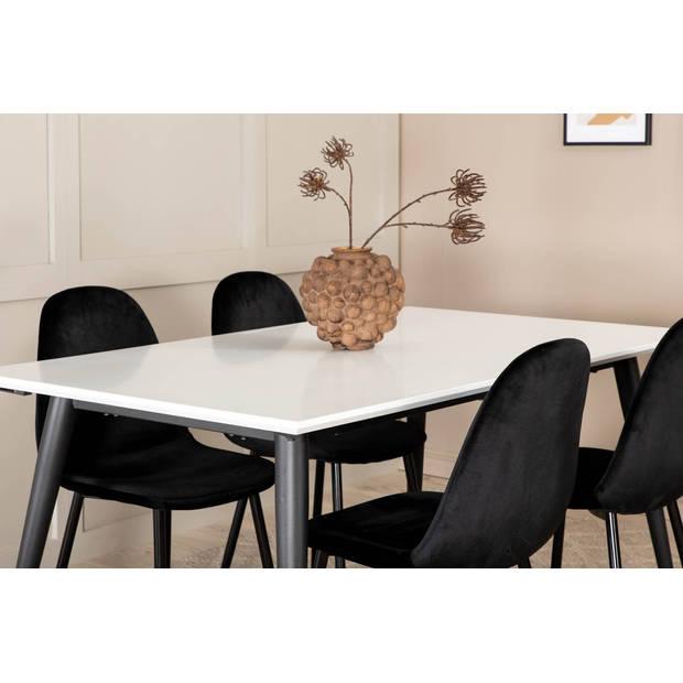 Jimmy150 eethoek eetkamertafel uitschuifbare tafel lengte cm 150 / 240 wit en 4 Polar eetkamerstal velours zwart.