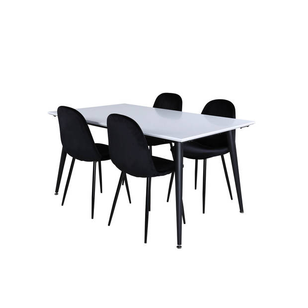 Jimmy150 eethoek eetkamertafel uitschuifbare tafel lengte cm 150 / 240 wit en 4 Polar eetkamerstal velours zwart.