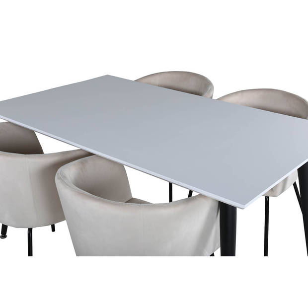 Jimmy150 eethoek eetkamertafel uitschuifbare tafel lengte cm 150 / 240 wit en 4 Berit eetkamerstal velours beige.