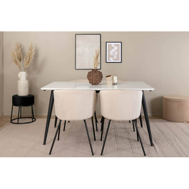 Jimmy150 eethoek eetkamertafel uitschuifbare tafel lengte cm 150 / 240 wit en 4 Berit eetkamerstal velours beige.