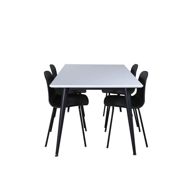 Jimmy150 eethoek eetkamertafel uitschuifbare tafel lengte cm 150 / 240 wit en 4 Arctic eetkamerstal zwart.