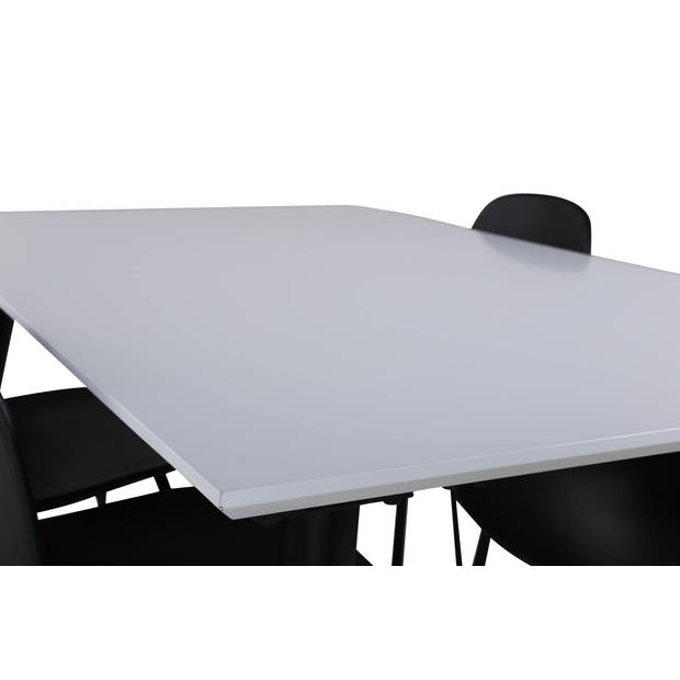 Jimmy150 eethoek eetkamertafel uitschuifbare tafel lengte cm 150 / 240 wit en 4 Arctic eetkamerstal zwart.