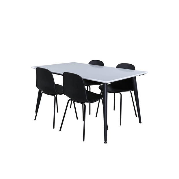 Jimmy150 eethoek eetkamertafel uitschuifbare tafel lengte cm 150 / 240 wit en 4 Arctic eetkamerstal zwart.