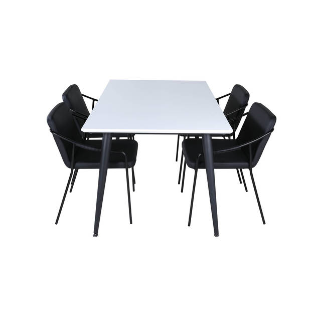 Jimmy150 eethoek eetkamertafel uitschuifbare tafel lengte cm 150 / 240 wit en 4 Tvist eetkamerstal PU kunstleer zwart.