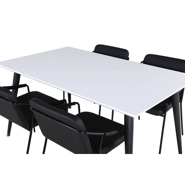 Jimmy150 eethoek eetkamertafel uitschuifbare tafel lengte cm 150 / 240 wit en 4 Tvist eetkamerstal PU kunstleer zwart.