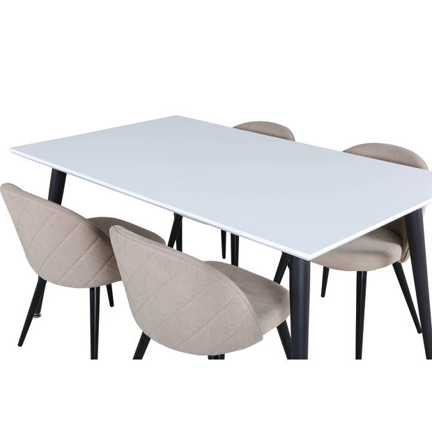 Jimmy150 eethoek eetkamertafel uitschuifbare tafel lengte cm 150 / 240 wit en 4 Velvet Stitches eetkamerstal beige.