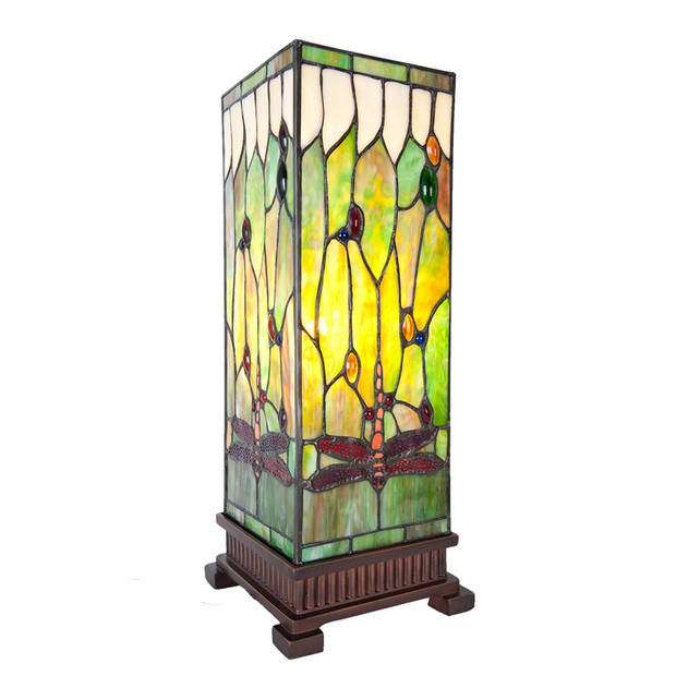 LumiLamp Tiffany Tafellamp 18x18x45 cm Groen Bruin Glas Vierkant Libelle Tiffany Bureaulamp Groen Tiffany Bureaulamp