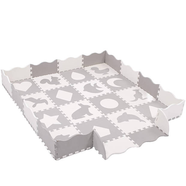 Springos Speelmat Speelmat Foam Puzzelmat Figuren Dieren 16 Puzzelstukken Crème/Grijs 150 x 150 cm