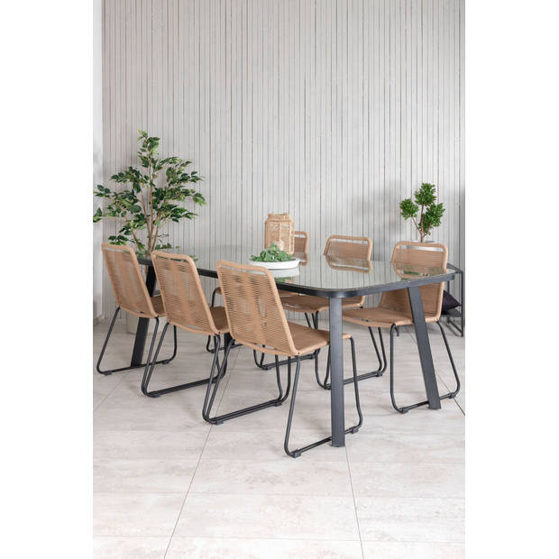 Paola tuinmeubelset tafel 100x200cm en 6 stoel stapelL Lindos zwart, naturel.