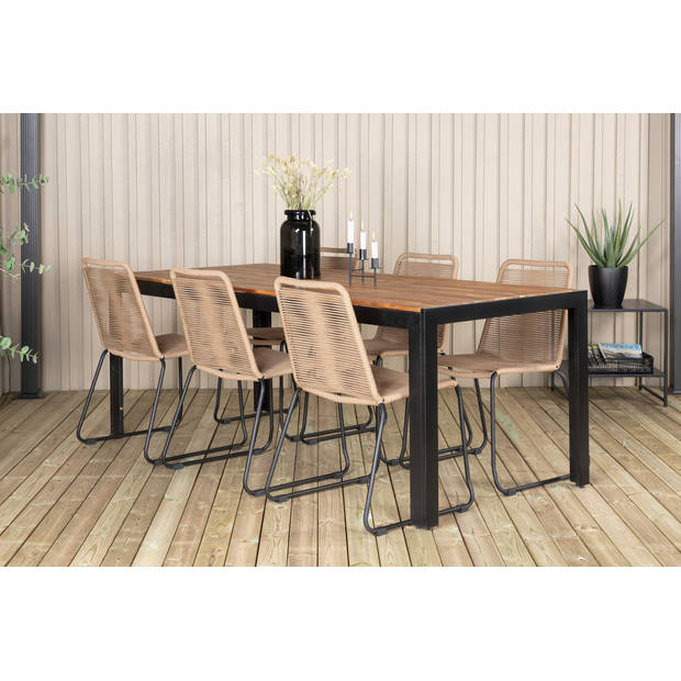 Bois tuinmeubelset tafel 90x205cm en 6 stoel stapelL Lindos zwart, naturel.