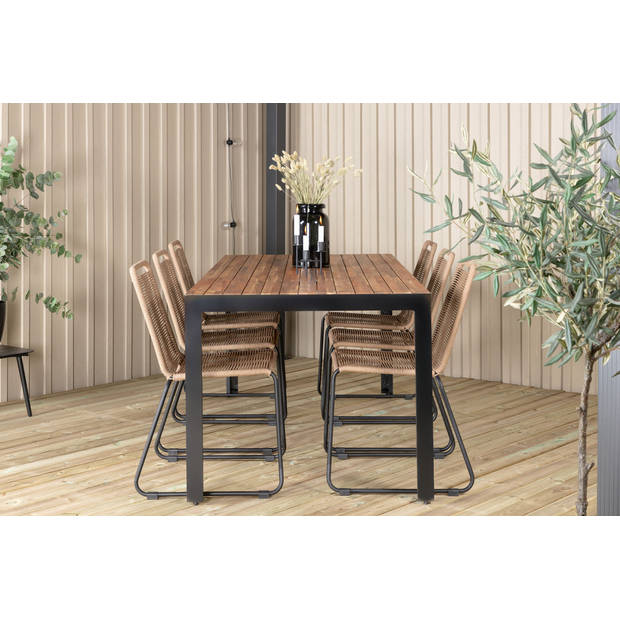 Bois tuinmeubelset tafel 90x205cm en 6 stoel stapelL Lindos zwart, naturel.