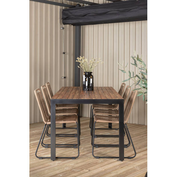 Bois tuinmeubelset tafel 90x205cm en 6 stoel stapelL Lindos zwart, naturel.