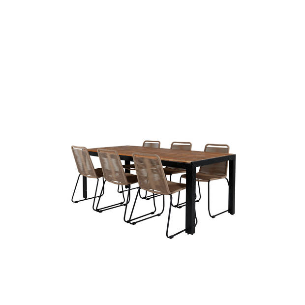 Bois tuinmeubelset tafel 90x205cm en 6 stoel stapelL Lindos zwart, naturel.