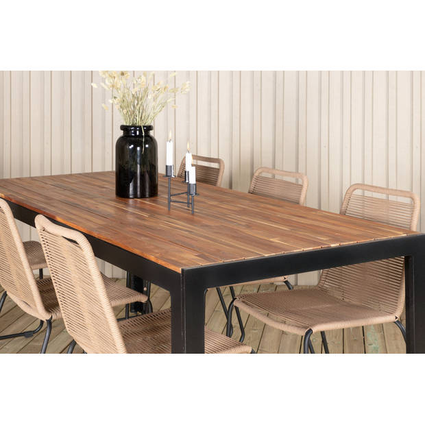 Bois tuinmeubelset tafel 90x205cm en 6 stoel stapelL Lindos zwart, naturel.