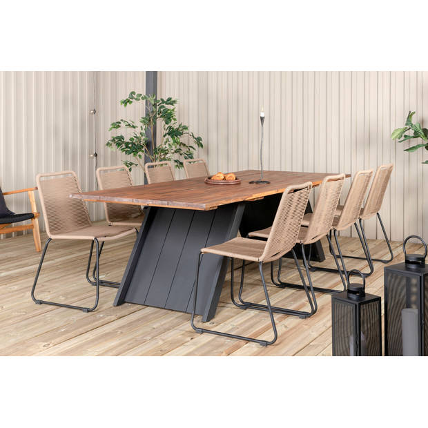 Doory tuinmeubelset tafel 100x250cm en 8 stoel stapelL Lindos zwart, naturel.