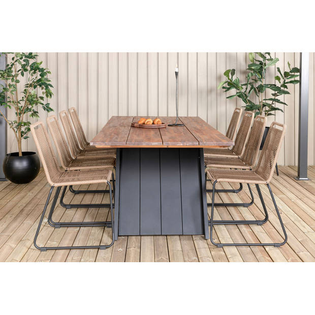 Doory tuinmeubelset tafel 100x250cm en 8 stoel stapelL Lindos zwart, naturel.