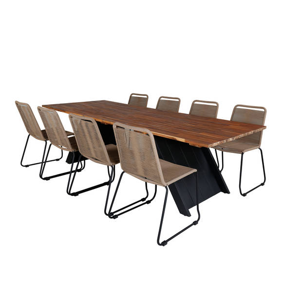 Doory tuinmeubelset tafel 100x250cm en 8 stoel stapelL Lindos zwart, naturel.