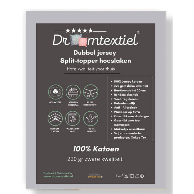 Droomtextiel Splittopper Hoeslaken Dubbel Jersey Grijs 180x210 cm - 100% Zacht Katoen - Tot 15 cm Matrasdikte