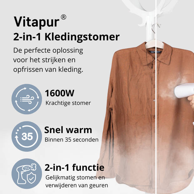 Vitapur Kledingstomer - Stoomapparaat kleding - Handstomer - Wit