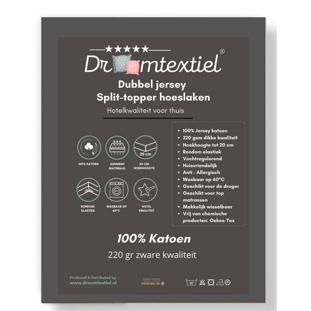 Droomtextiel Splittopper Hoeslaken Dubbel Jersey Grijs 180x210 cm - 100% Zacht Katoen - Tot 15 cm Matrasdikte