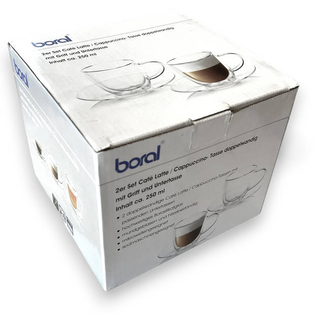 Boral - Mondgeblazen cappuccino, latte macchiato Dubbelwandige kop en schotel met oor - 250 ml - 2 stuks