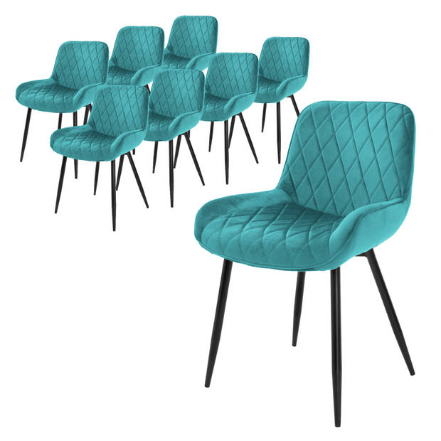 ML-Design Set van 8 Eetkamerstoelen Eetkamerstoel met Rugleuning en Armleuningen, Turquoise, Fluwelen Zitting, Metalen