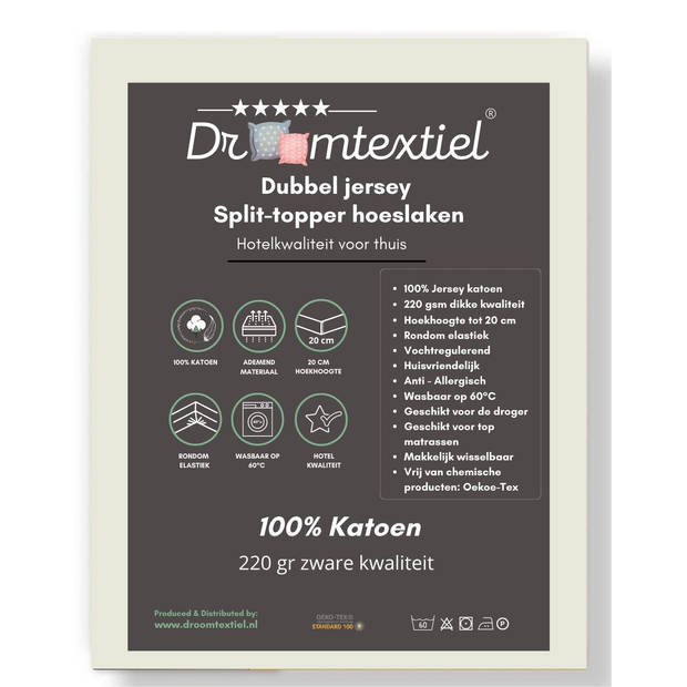 Droomtextiel Splittopper Hoeslaken Dubbel Jersey Grijs 180x210 cm - 100% Zacht Katoen - Tot 15 cm Matrasdikte