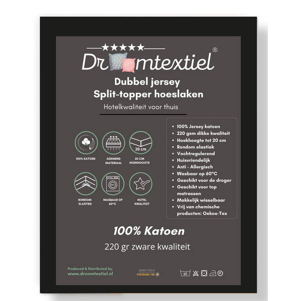 Droomtextiel Splittopper Hoeslaken Dubbel Jersey Grijs 180x210 cm - 100% Zacht Katoen - Tot 15 cm Matrasdikte