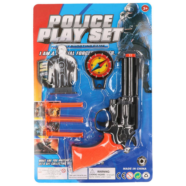 Jonotoys Politie speelgoed pistool en accessoires - kind - verkleed rollenspel - plastic - 15 cm - Speelgoedpistool