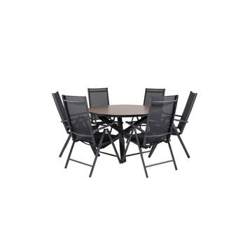 Llama tuinmeubelset tafel Ø120cm en 6 stoel Break zwart, bruin.