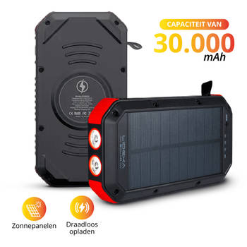 Lideka Solar Powerbank Charger - 4x USB - USB C - Snel & Draadloos Opladen? - 30.000 mAh