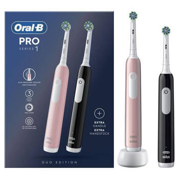 Oral-B Pro Series 1 set van twee, roze en zwarte elektrische tandenborstels, 2 opzetborstels, ontworpen door Braun