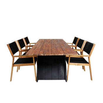 Doory tuinmeubelset tafel 100x250cm en 6 stoel Little John naturel, zwart.