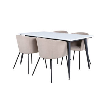 Jimmy150 eethoek eetkamertafel uitschuifbare tafel lengte cm 150 / 240 wit en 4 Berit eetkamerstal beige.