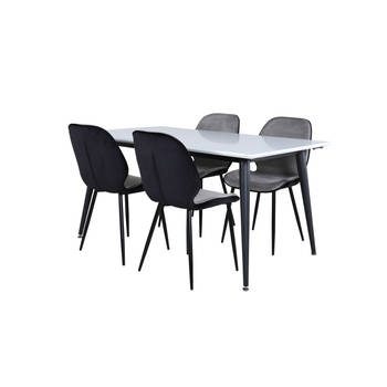 Jimmy150 eethoek eetkamertafel uitschuifbare tafel lengte cm 150 / 240 wit en 4 Emma eetkamerstal velours grijs,zwart.
