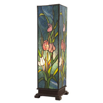 LumiLamp Tiffany Tafellamp 17x17x58 cm Groen Roze Glas Vierkant Tulpen Tiffany Bureaulamp Groen Tiffany Bureaulamp