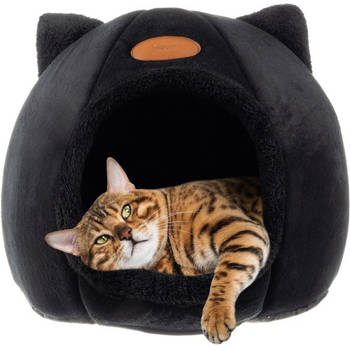 Purlov Luxe kattenmand voor de Kat - Pluche Kattenbed - Luxe Kattenhuisje - Zachte Kattenmand - Zwart
