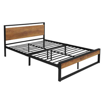 Metalen bed Bedframe met lattenbodem 140x200 cm zwart/bruin met houten hoofdbord & voeteneind ML design