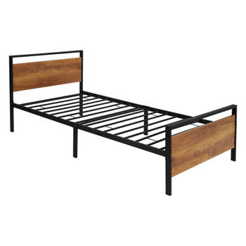 Metalen bed Bedframe met lattenbodem 90x200 cm zwart met houten hoofdbord & voeteneind ML design