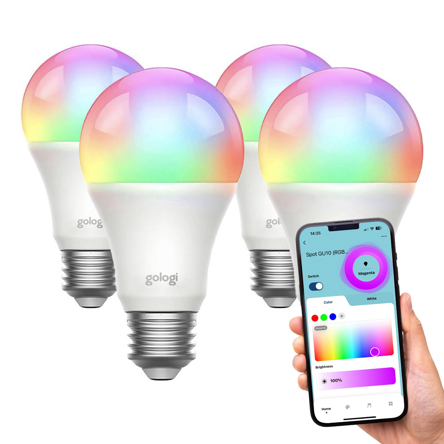 Gologi Slimme E27 Bulb Lamp 4 stuks – Smart WiFi – Smart LED verlichting – Dimbaar – Miljoenen kleuren – RGB – Bediening via mobiele app – Sfeerverlichting – 800 lumen - 4 stuks