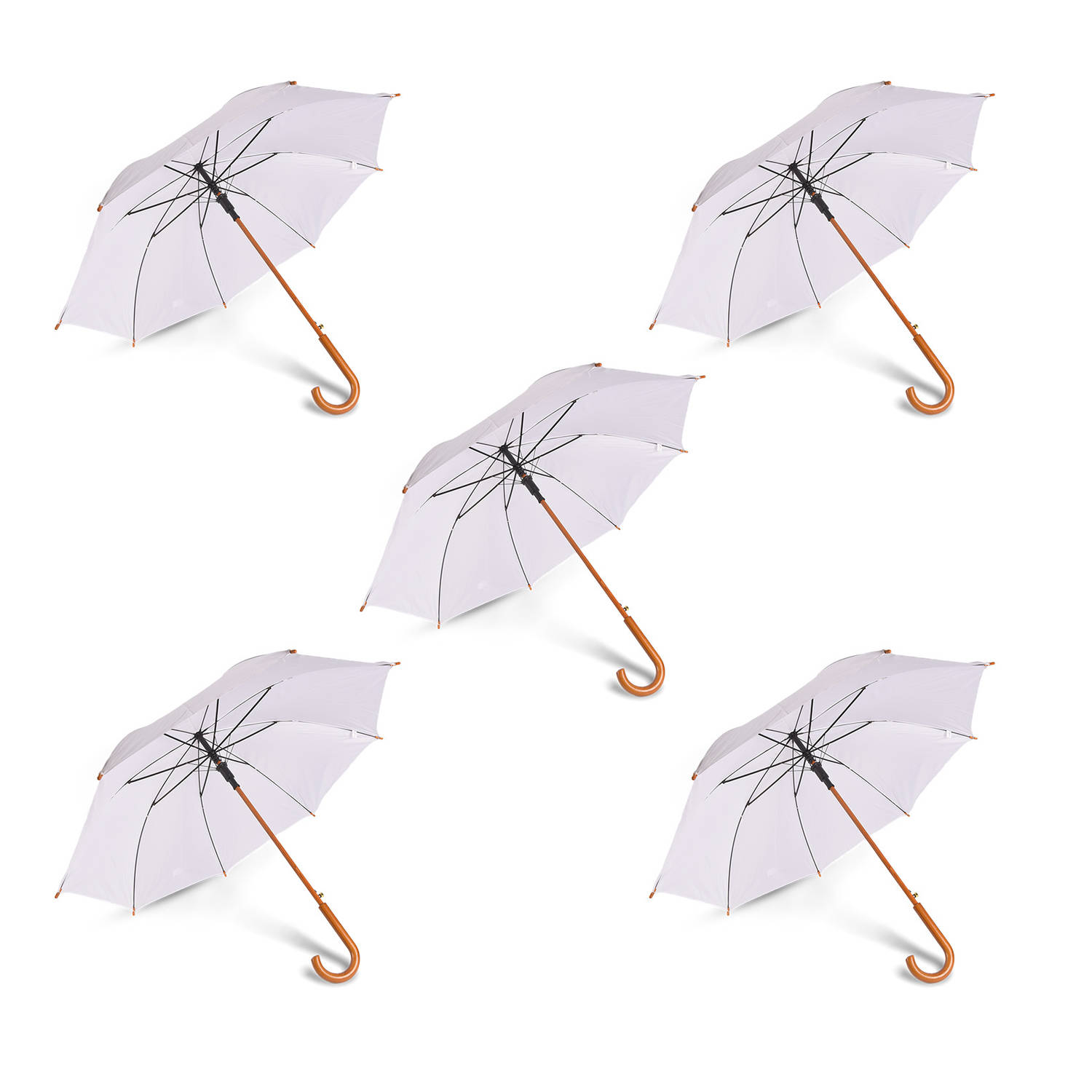 Elegante Trouwparaplu's Set voor Volwassenen - 102cm - Set van 5 - Wit - Perfect voor Bruiloften en Outdoor Evenementen – Met Houten Handvat