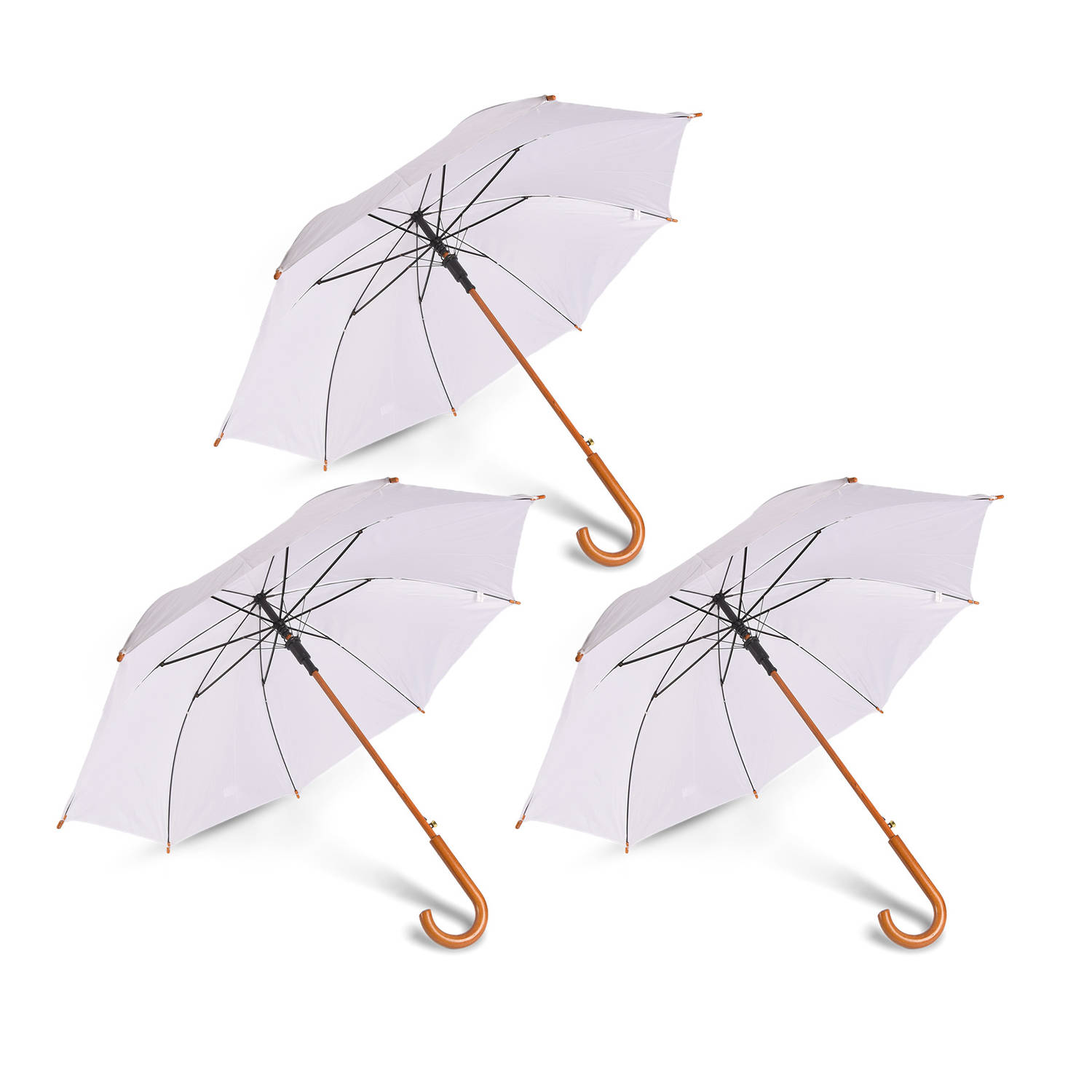 Elegante Jane Austen Geïnspireerde Automatische Opvouwbare Paraplu - Set van 3 – 102cm Diameter – Wit met Houten Handvat