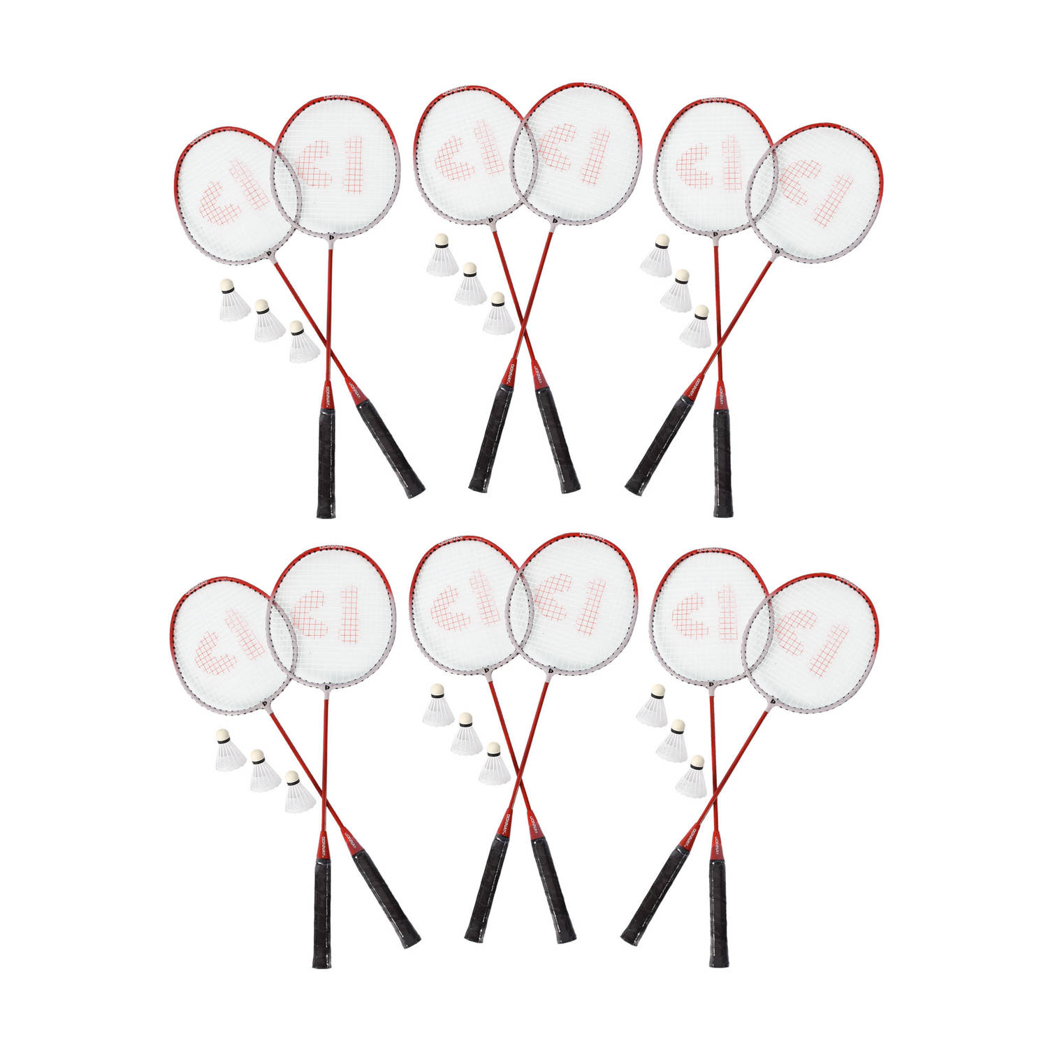 Voordelpak: Set van 6 Ultimate Badmintonset | 12x Aluminium Badminton Rackets | 18x Bio Plastic Shuttles | Geel | Inclusief Draagtas met elke Set